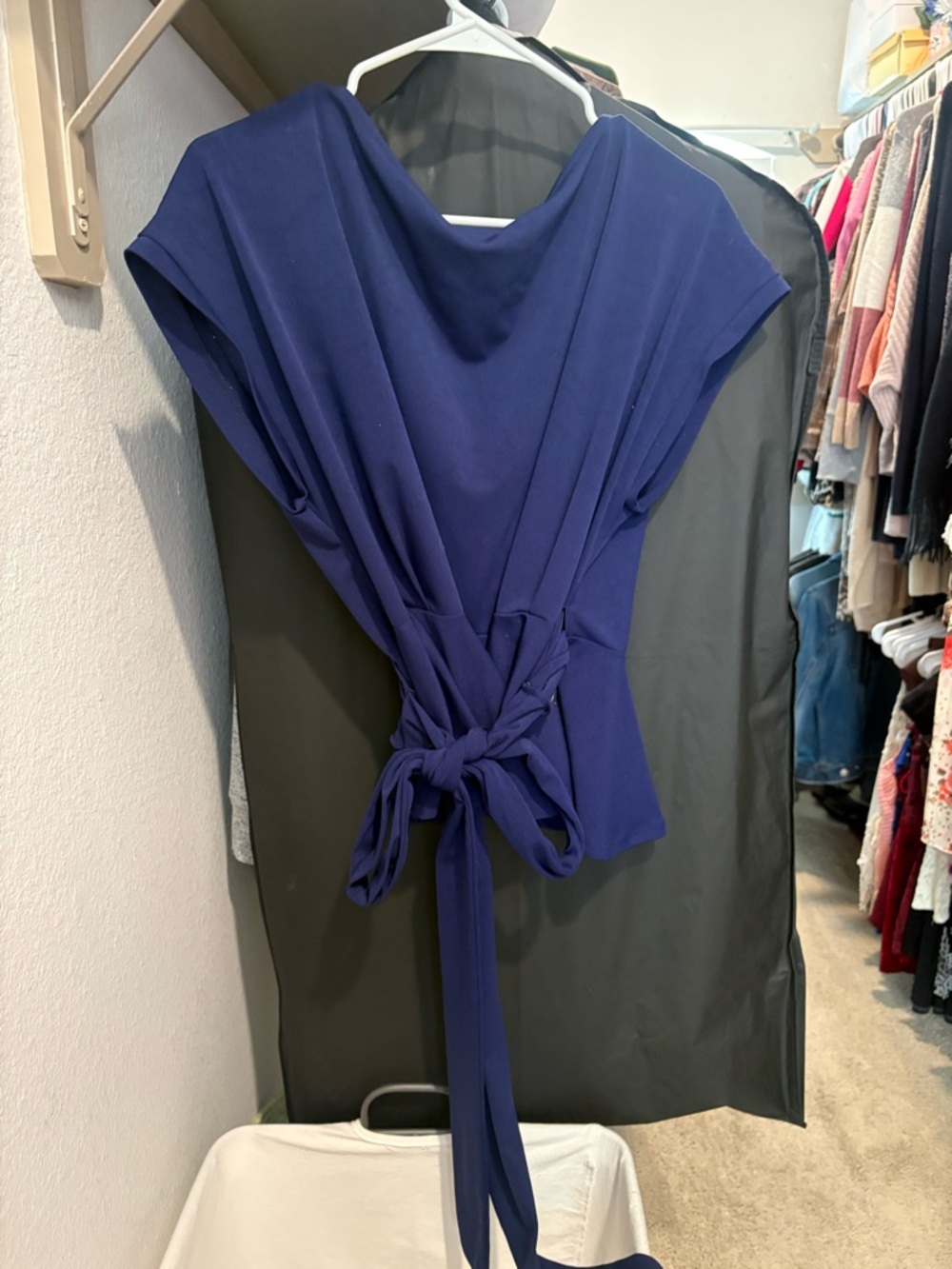 Draped Navy Peplum Wraparound Tie-Back Top